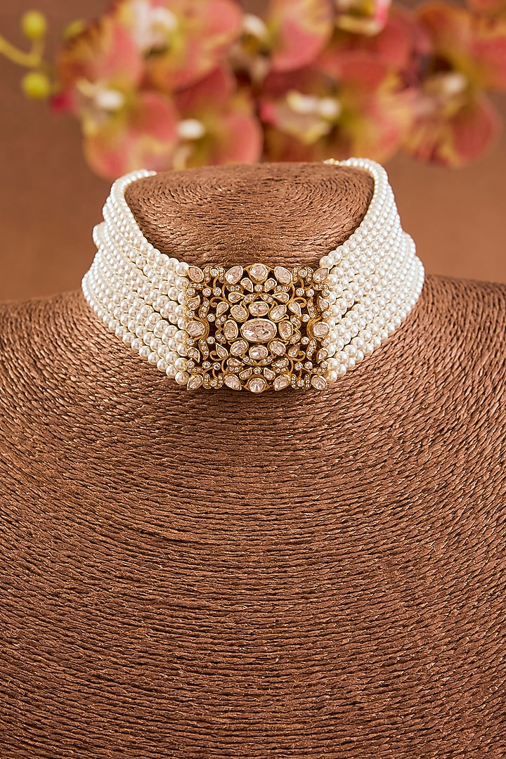 Antique Yellow Gold Finish Moissanite Polki Choker Necklace Set In Sterling Silver by STELLA CREATIONS at Pernia's Pop Up Shop