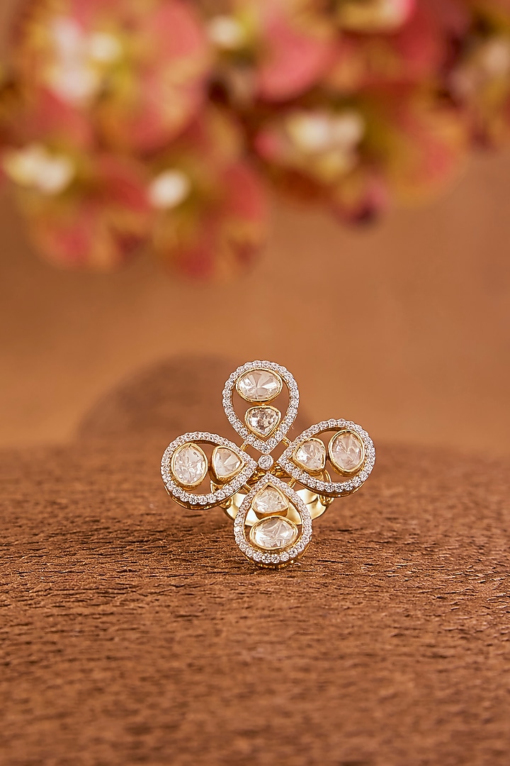 Yellow Gold Finish Moissanite Polki & Eurostar Ring In Sterling Silver by STELLA CREATIONS at Pernia's Pop Up Shop