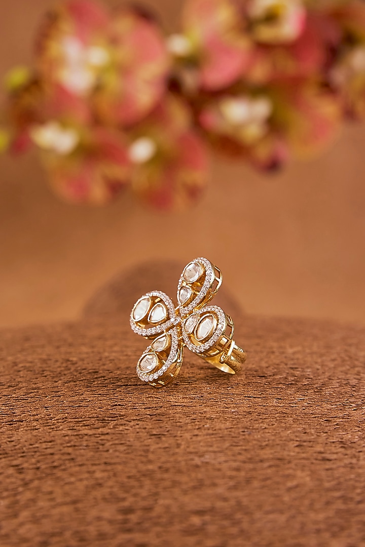 Yellow Gold Finish Moissanite Polki & Eurostar Ring In Sterling Silver by STELLA CREATIONS at Pernia's Pop Up Shop