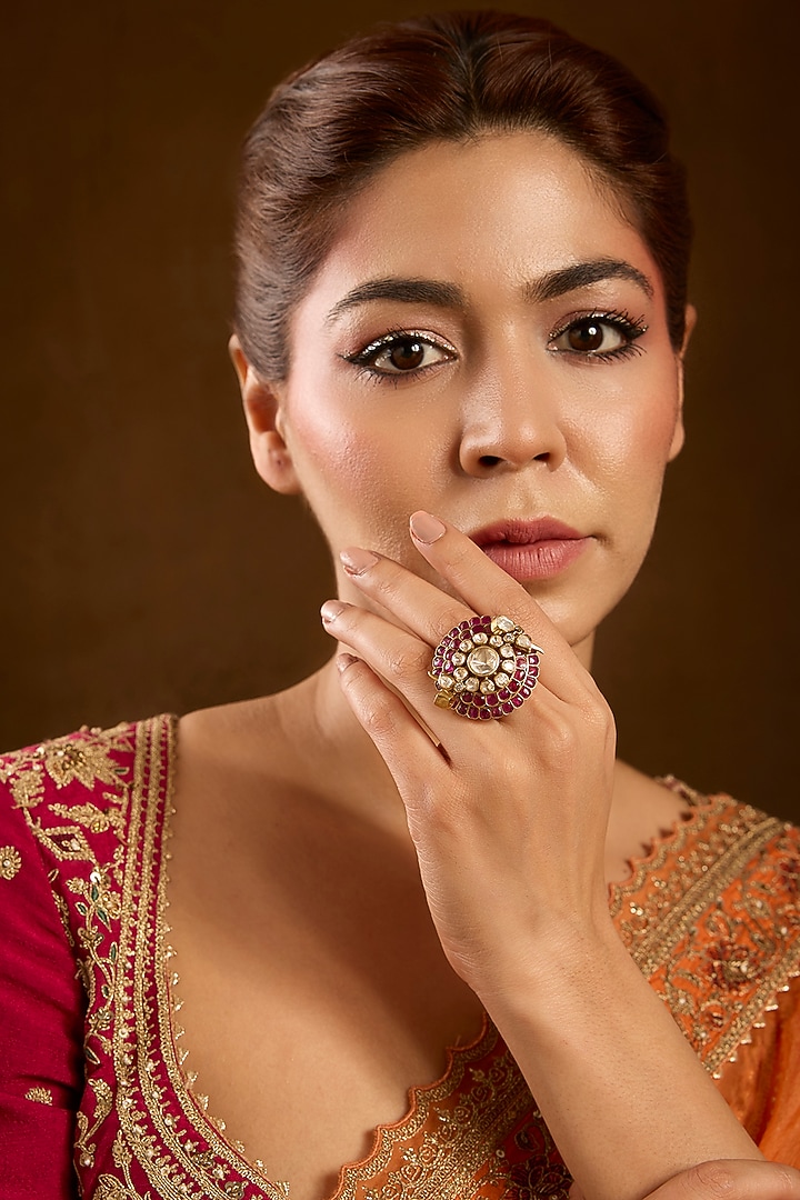 Yellow Gold Finish Moissanite Polki & Ruby Ring In Sterling Silver by STELLA CREATIONS at Pernia's Pop Up Shop