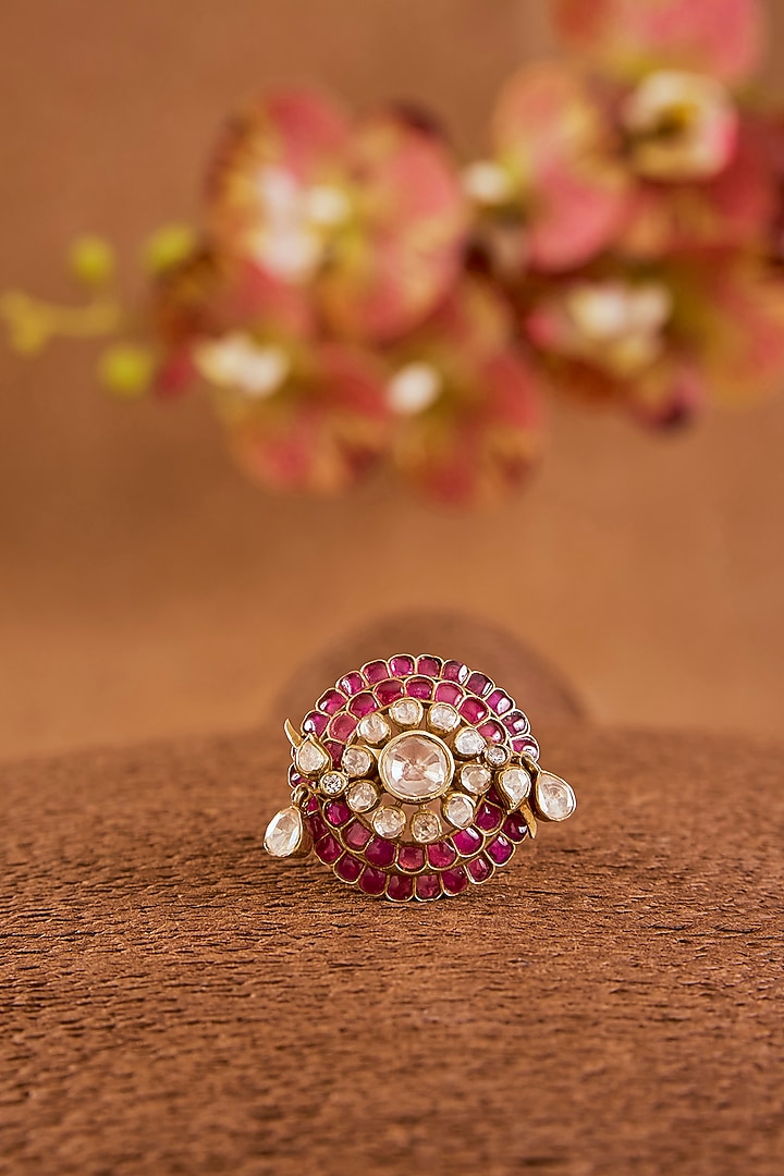 Yellow Gold Finish Moissanite Polki & Ruby Ring In Sterling Silver by STELLA CREATIONS at Pernia's Pop Up Shop