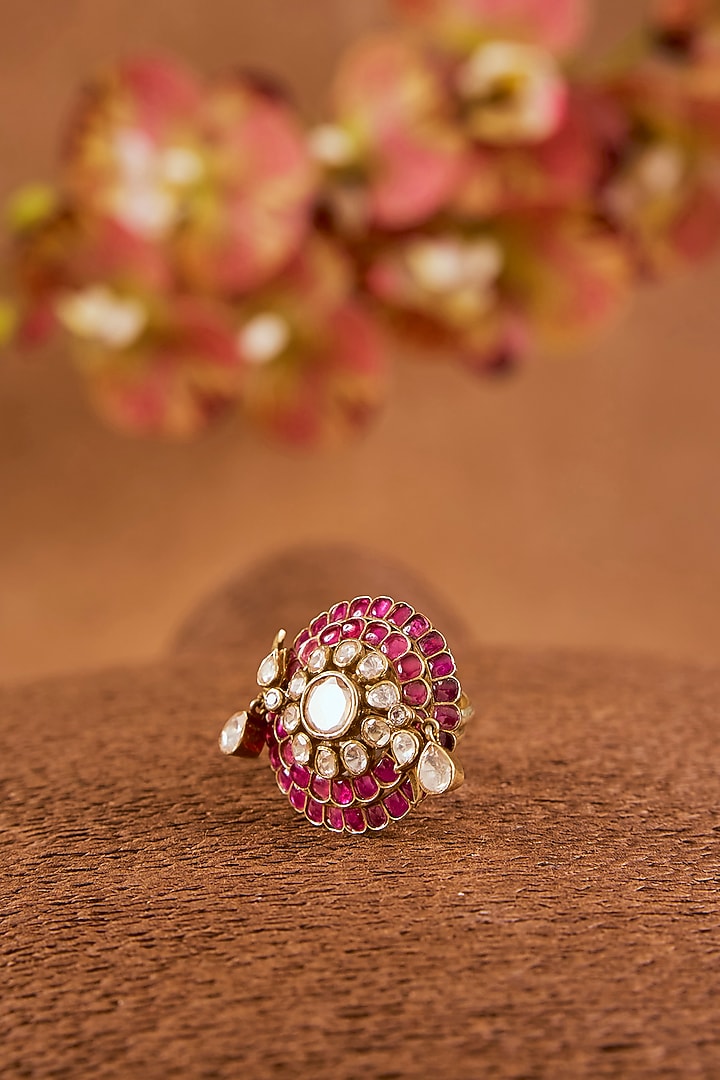 Yellow Gold Finish Moissanite Polki & Ruby Ring In Sterling Silver by STELLA CREATIONS at Pernia's Pop Up Shop