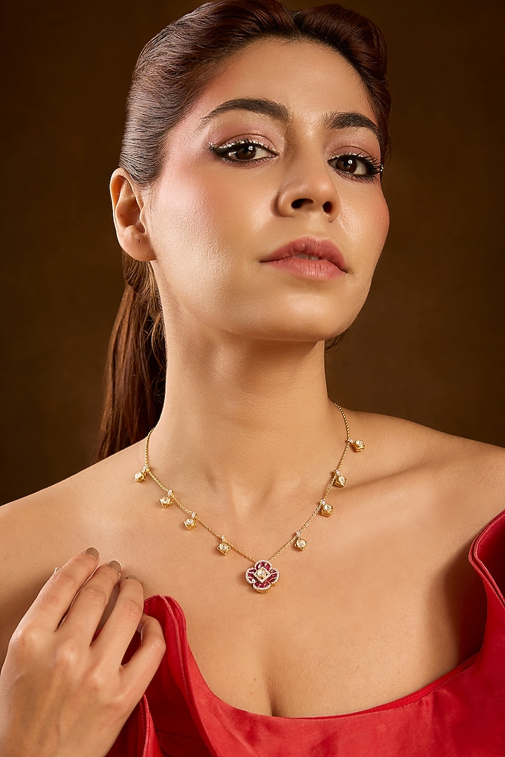 Yellow Gold Finish Moissanite Polki & Ruby Pendant Necklace In Sterling Silver by STELLA CREATIONS at Pernia's Pop Up Shop