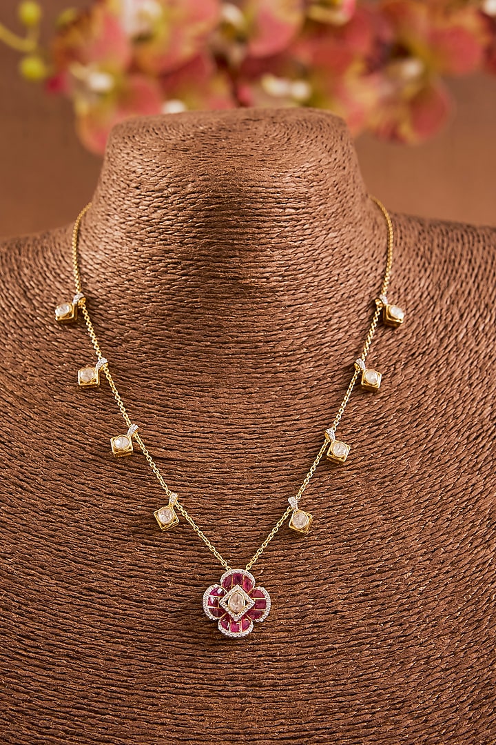 Yellow Gold Finish Moissanite Polki & Ruby Pendant Necklace In Sterling Silver by STELLA CREATIONS at Pernia's Pop Up Shop