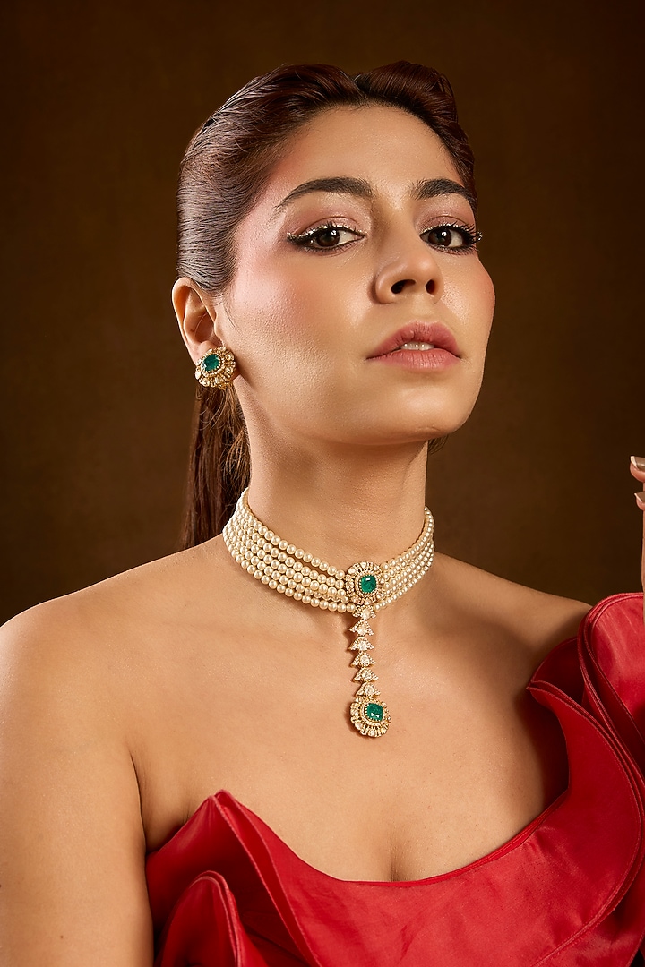 Yellow Gold Finish Moissanite Polki & Emerald Choker Necklace Set In Sterling Silver by STELLA CREATIONS at Pernia's Pop Up Shop