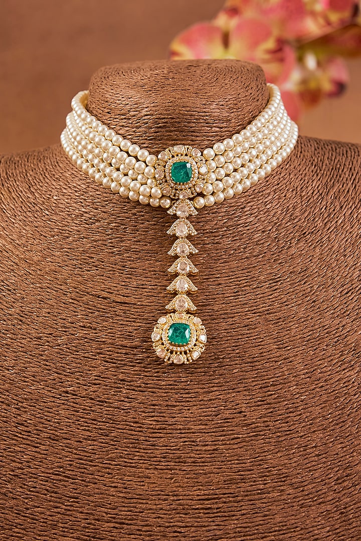 Yellow Gold Finish Moissanite Polki & Emerald Choker Necklace Set In Sterling Silver by STELLA CREATIONS at Pernia's Pop Up Shop