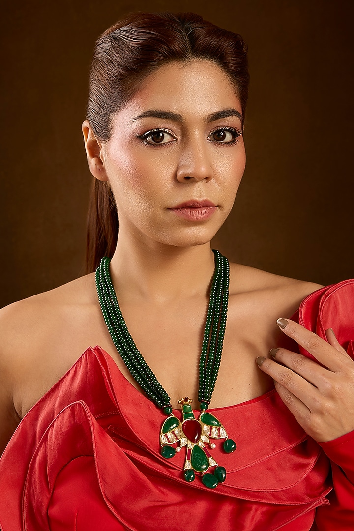 Yellow Gold Finish Moissanite Polki & Emerald Pendant Necklace In Sterling Silver by STELLA CREATIONS at Pernia's Pop Up Shop