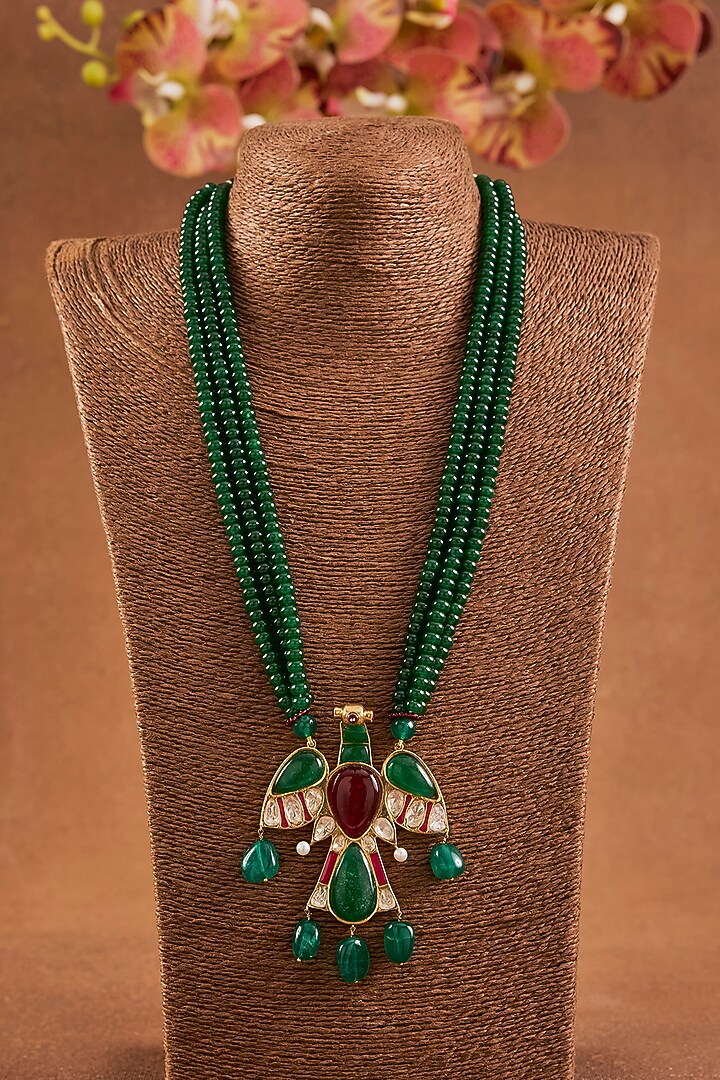 Yellow Gold Finish Moissanite Polki & Emerald Pendant Necklace In Sterling Silver by STELLA CREATIONS at Pernia's Pop Up Shop