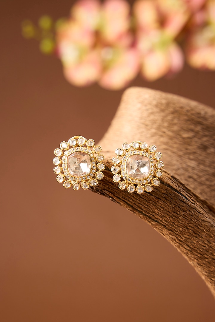 Yellow Gold Finish Eurostar Swarovski Stud Earrings In Sterling Silver by STELLA CREATIONS at Pernia's Pop Up Shop