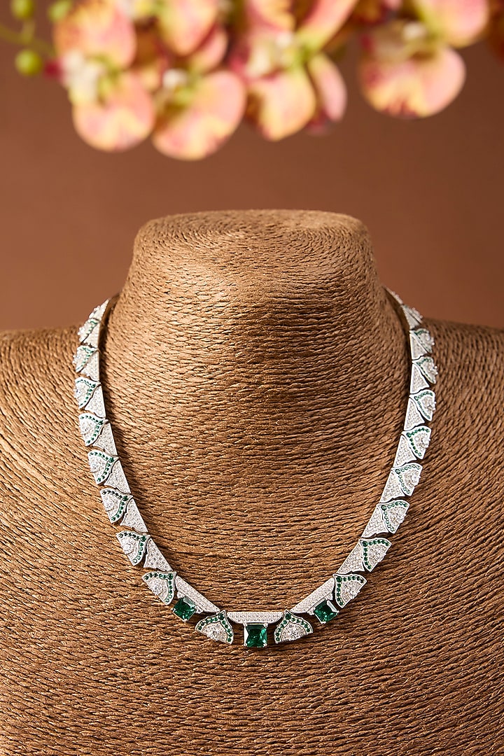 White Gold Finish Swarovski & Emerald Necklace Set In Sterling Silver by STELLA CREATIONS at Pernia's Pop Up Shop