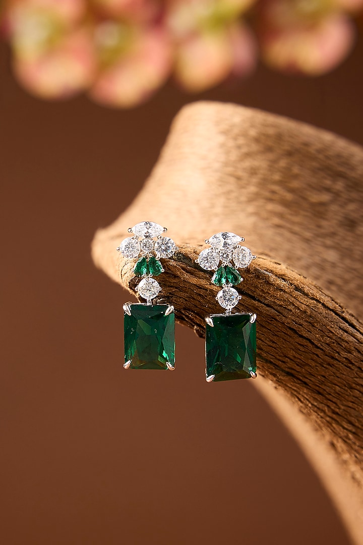 White Gold Finish Swarovski & Emerald Necklace Set In Sterling Silver by STELLA CREATIONS at Pernia's Pop Up Shop