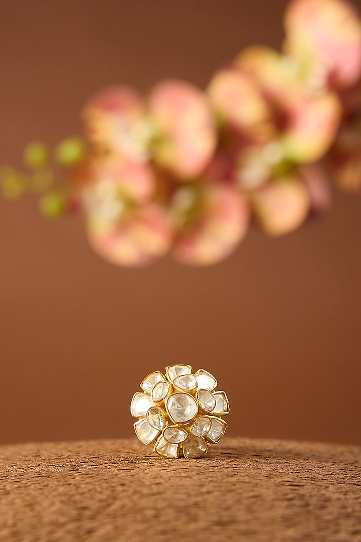 Yellow Gold Finish Moissanite Polki Ring In Sterling Silver by STELLA CREATIONS at Pernia's Pop Up Shop