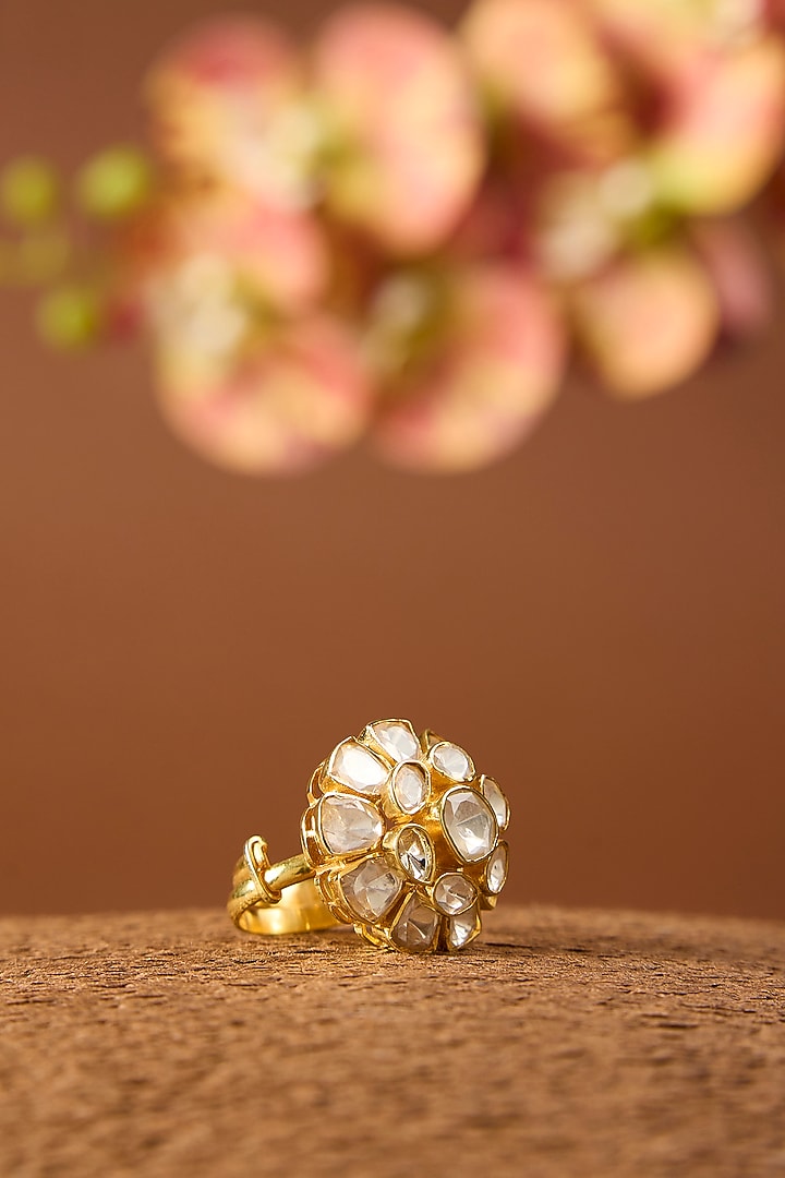 Yellow Gold Finish Moissanite Polki Ring In Sterling Silver by STELLA CREATIONS at Pernia's Pop Up Shop