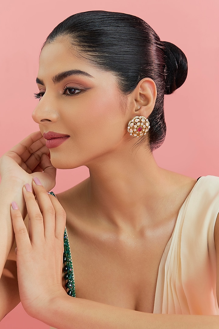 Yellow Gold Finish Eurostar Swarovski & Ruby Stud Earrings In Sterling Silver by STELLA CREATIONS at Pernia's Pop Up Shop