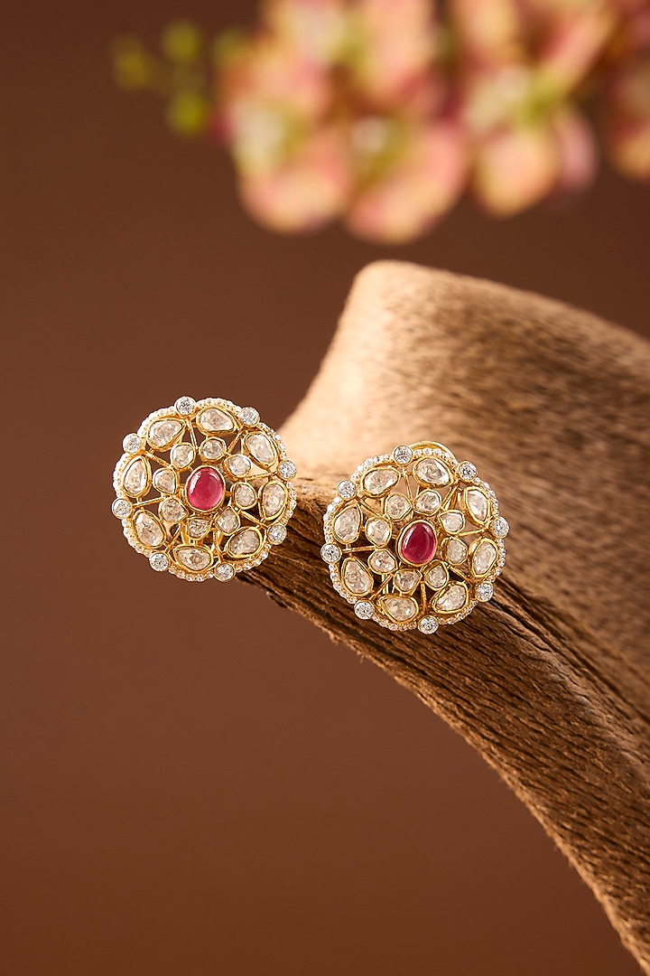 Yellow Gold Finish Eurostar Swarovski & Ruby Stud Earrings In Sterling Silver by STELLA CREATIONS at Pernia's Pop Up Shop