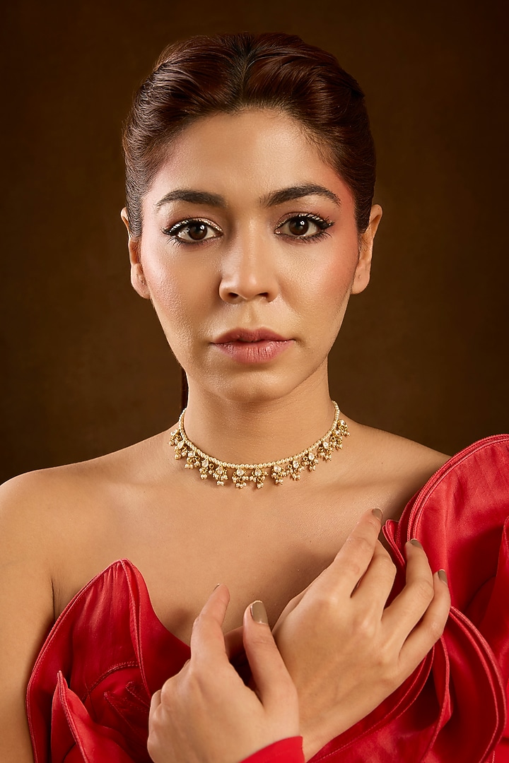 Yellow Gold Finish Moissanite Polki & Pearl Necklace In Sterling Silver by STELLA CREATIONS at Pernia's Pop Up Shop