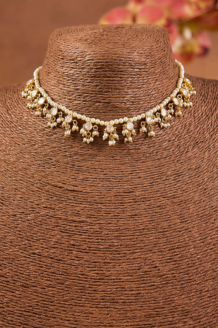 Yellow Gold Finish Moissanite Polki & Pearl Necklace In Sterling Silver by STELLA CREATIONS at Pernia's Pop Up Shop
