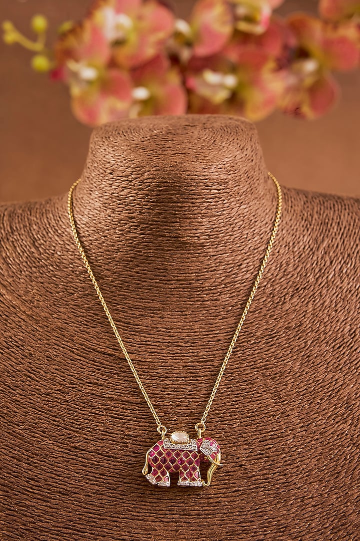Yellow Gold Finish Moissanite Polki & Ruby Pendant Necklace Set In Sterling Silver by STELLA CREATIONS at Pernia's Pop Up Shop