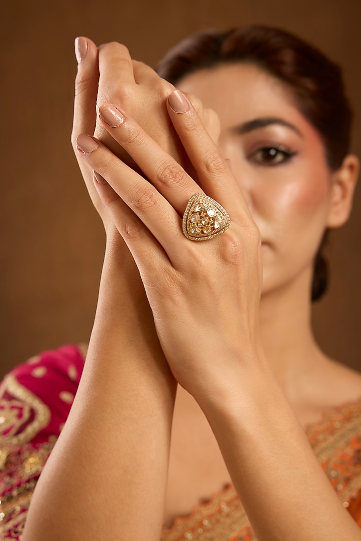 Yellow Gold Finish Moissanite Polki & Eurostar Ring In Sterling Silver by STELLA CREATIONS at Pernia's Pop Up Shop