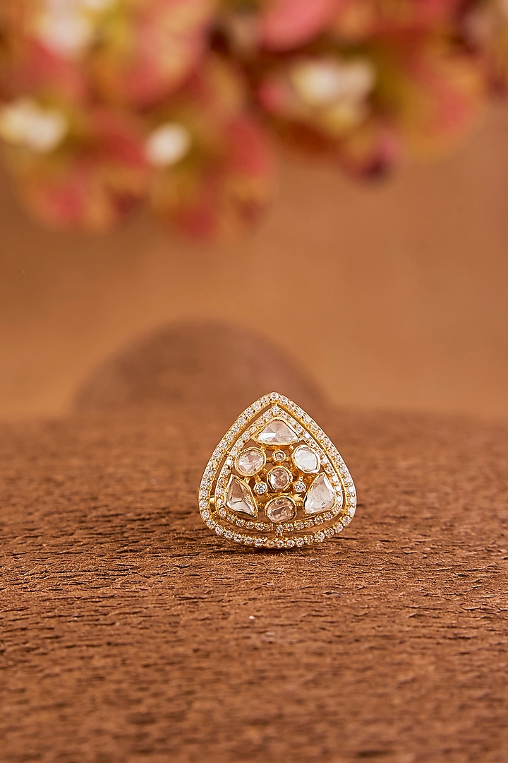 Yellow Gold Finish Moissanite Polki & Eurostar Ring In Sterling Silver by STELLA CREATIONS at Pernia's Pop Up Shop