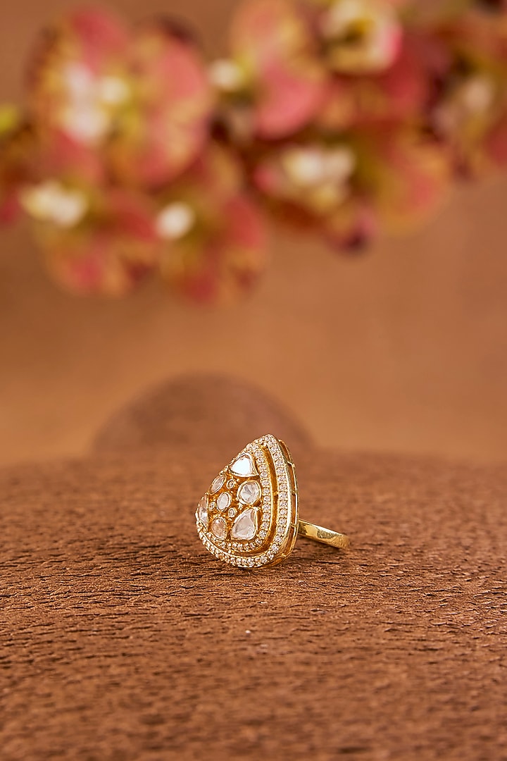 Yellow Gold Finish Moissanite Polki & Eurostar Ring In Sterling Silver by STELLA CREATIONS at Pernia's Pop Up Shop