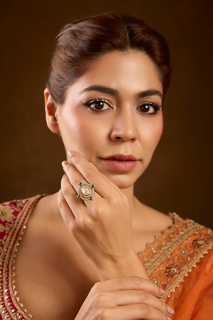 Yellow Gold Finish Moissanite Polki & Emerald Ring In Sterling Silver by STELLA CREATIONS at Pernia's Pop Up Shop