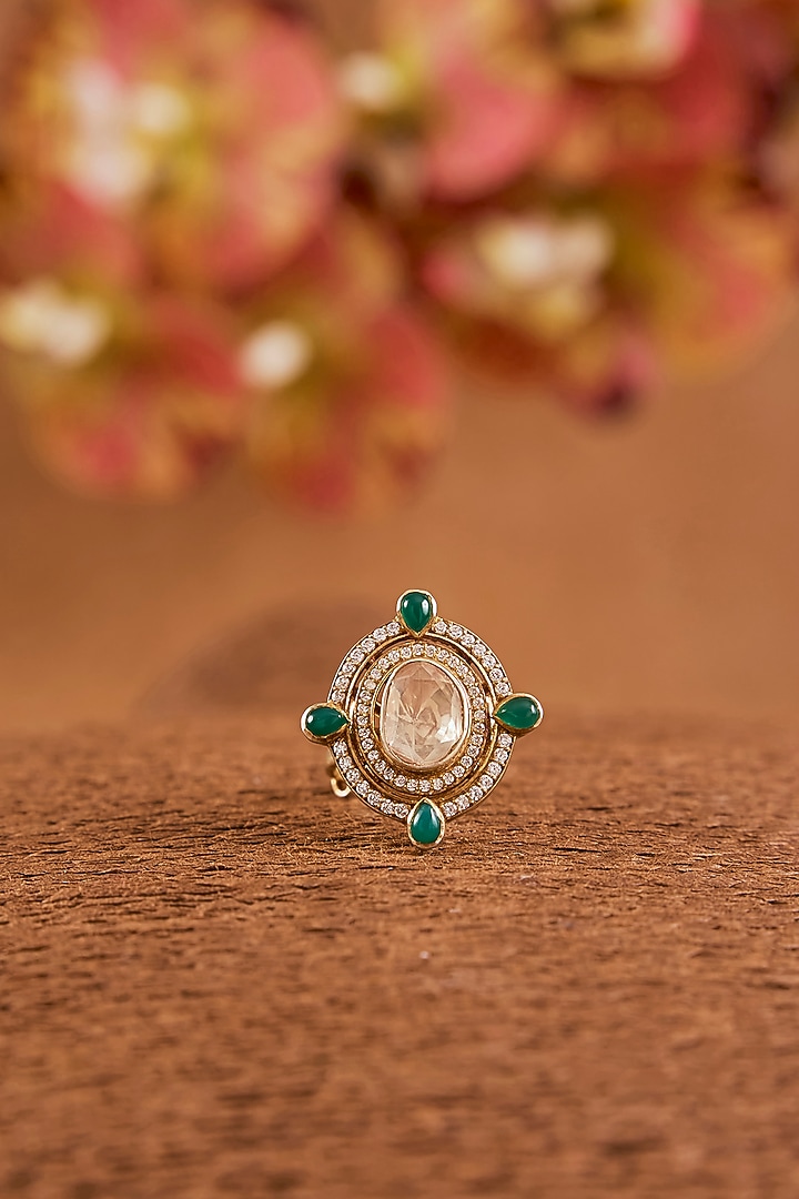 Yellow Gold Finish Moissanite Polki & Emerald Ring In Sterling Silver by STELLA CREATIONS at Pernia's Pop Up Shop