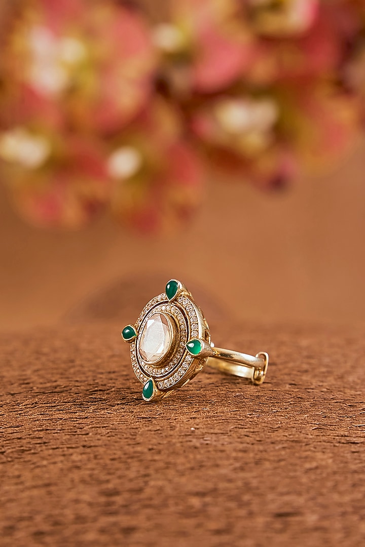 Yellow Gold Finish Moissanite Polki & Emerald Ring In Sterling Silver by STELLA CREATIONS at Pernia's Pop Up Shop