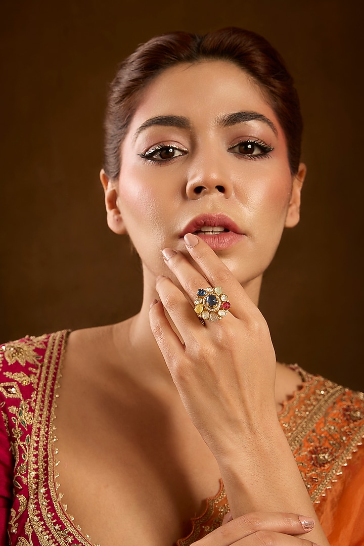 Yellow Gold Finish Moissanite Polki & Navratan Stone Ring In Sterling Silver by STELLA CREATIONS at Pernia's Pop Up Shop