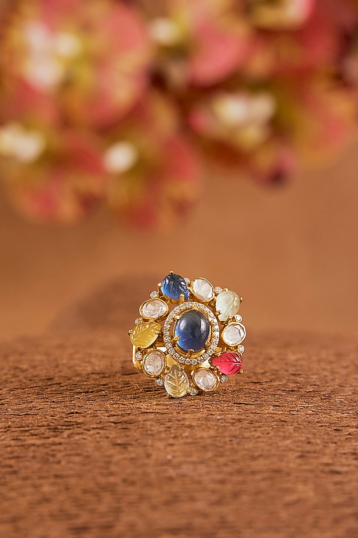 Yellow Gold Finish Moissanite Polki & Navratan Stone Ring In Sterling Silver by STELLA CREATIONS at Pernia's Pop Up Shop