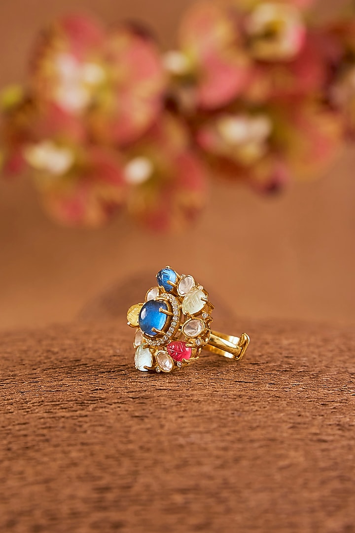 Yellow Gold Finish Moissanite Polki & Navratan Stone Ring In Sterling Silver by STELLA CREATIONS at Pernia's Pop Up Shop