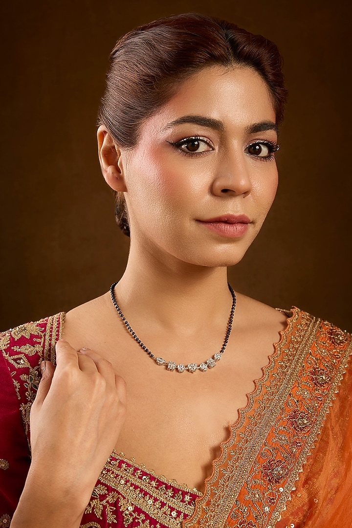 White Gold Finish Swarovski & Mangalsutra Necklace In Sterling Silver by STELLA CREATIONS at Pernia's Pop Up Shop