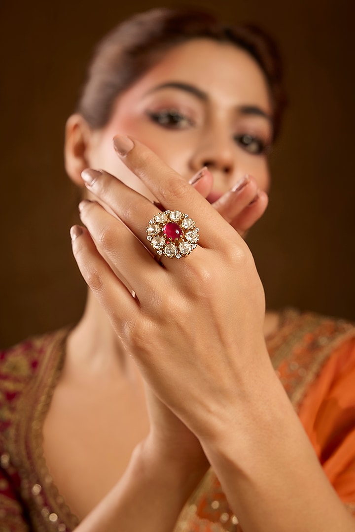 Yellow Gold Finish Moissanite Polki & Ruby Ring In Sterling Silver by STELLA CREATIONS at Pernia's Pop Up Shop