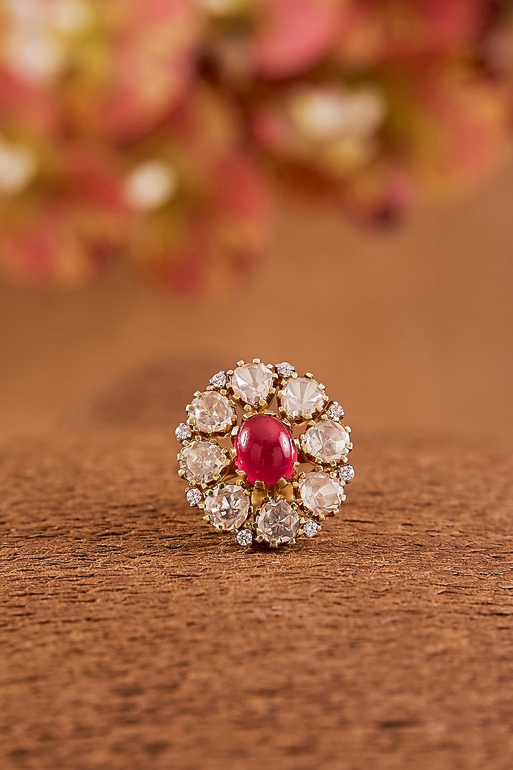 Yellow Gold Finish Moissanite Polki & Ruby Ring In Sterling Silver by STELLA CREATIONS at Pernia's Pop Up Shop