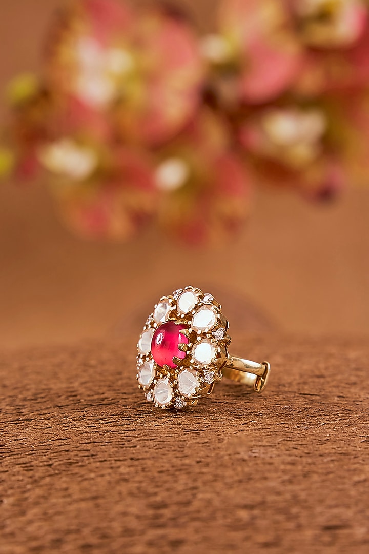 Yellow Gold Finish Moissanite Polki & Ruby Ring In Sterling Silver by STELLA CREATIONS at Pernia's Pop Up Shop