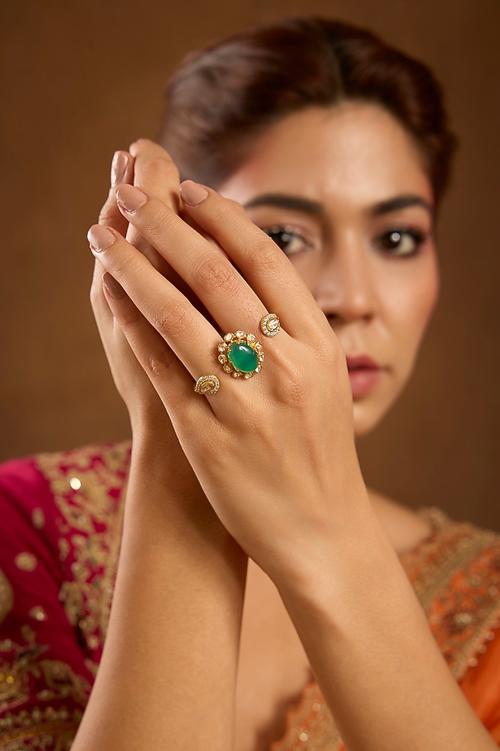 Yellow Gold Finish Moissanite Polki & Emerald Ring In Sterling Silver by STELLA CREATIONS at Pernia's Pop Up Shop