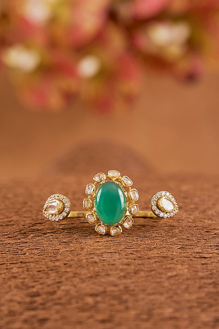Yellow Gold Finish Moissanite Polki & Emerald Ring In Sterling Silver by STELLA CREATIONS at Pernia's Pop Up Shop