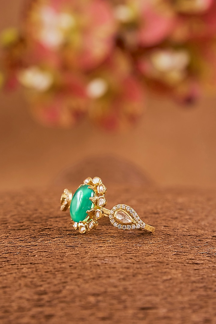 Yellow Gold Finish Moissanite Polki & Emerald Ring In Sterling Silver by STELLA CREATIONS at Pernia's Pop Up Shop