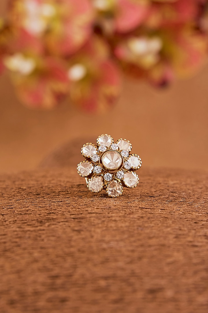 Yellow Gold Finish Moissanite Polki & Eurostar Ring In Sterling Silver by STELLA CREATIONS at Pernia's Pop Up Shop