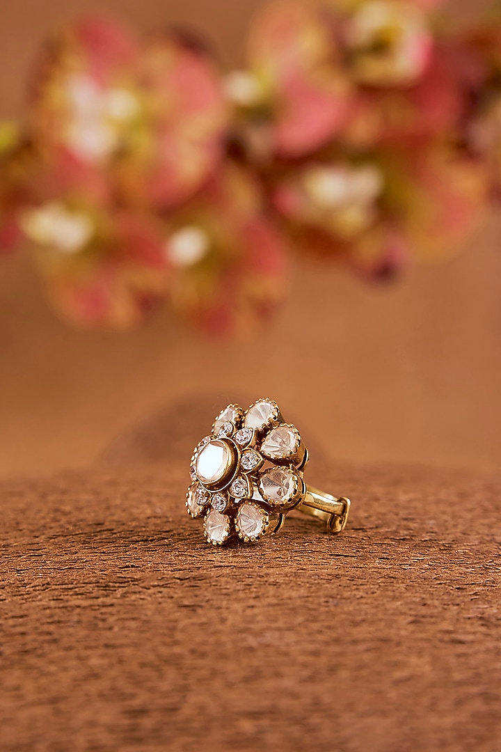 Yellow Gold Finish Moissanite Polki & Eurostar Ring In Sterling Silver by STELLA CREATIONS at Pernia's Pop Up Shop