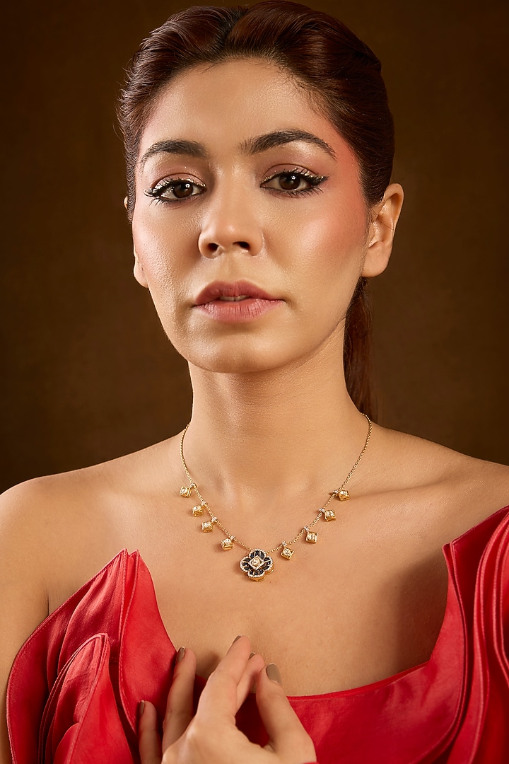 Yellow Gold Finish Eurostar & Sapphire Pendant Chain Necklace In Sterling Silver by STELLA CREATIONS at Pernia's Pop Up Shop