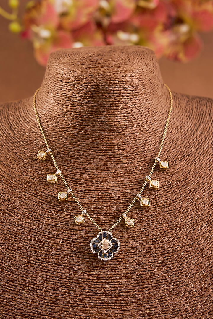 Yellow Gold Finish Eurostar & Sapphire Pendant Chain Necklace In Sterling Silver by STELLA CREATIONS at Pernia's Pop Up Shop