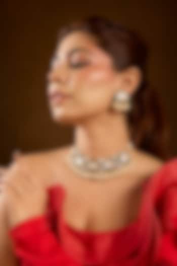 Yellow Gold Finish Moissanite Polki & Pearl Necklace Set In Sterling Silver by STELLA CREATIONS at Pernia's Pop Up Shop