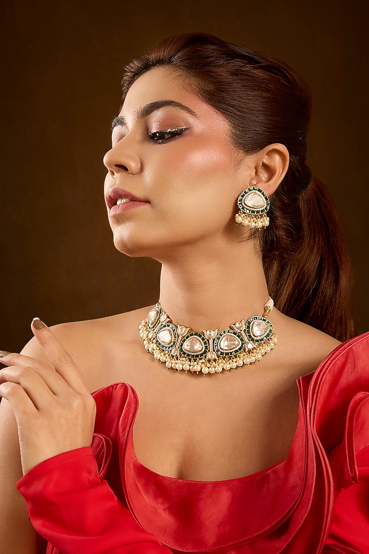 Yellow Gold Finish Moissanite Polki & Pearl Necklace Set In Sterling Silver by STELLA CREATIONS at Pernia's Pop Up Shop