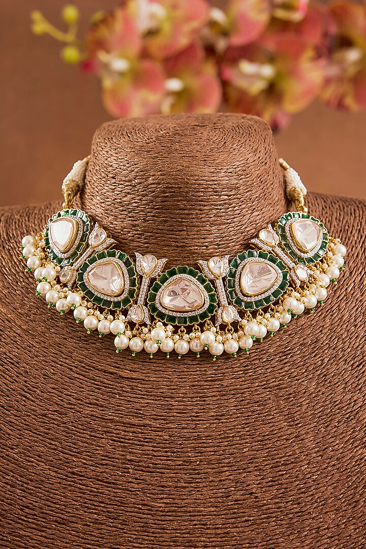 Yellow Gold Finish Moissanite Polki & Pearl Necklace Set In Sterling Silver by STELLA CREATIONS at Pernia's Pop Up Shop