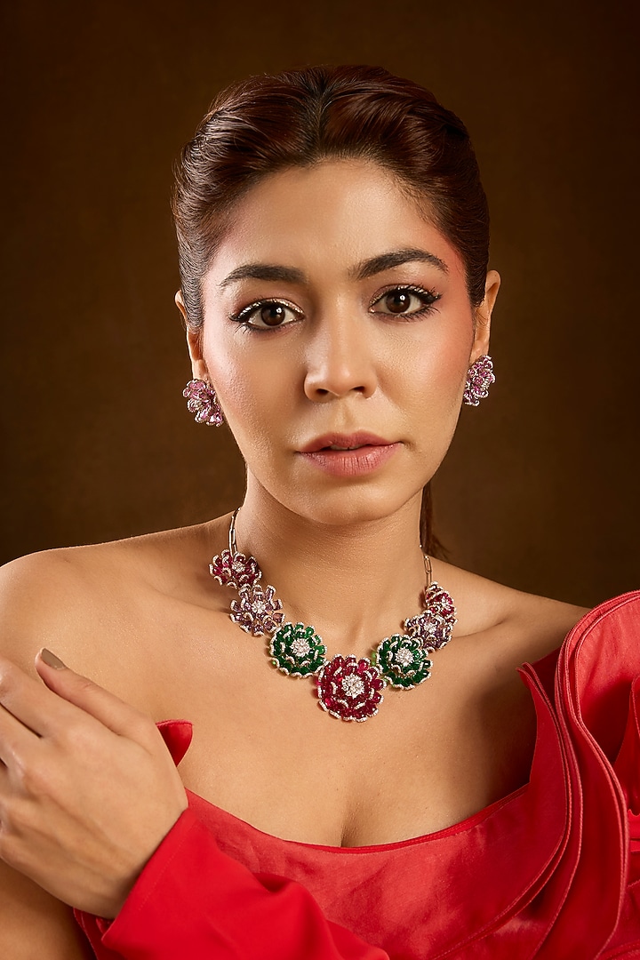 Yellow Gold Finish Emerald & Ruby Necklace Set In Sterling Silver by STELLA CREATIONS at Pernia's Pop Up Shop