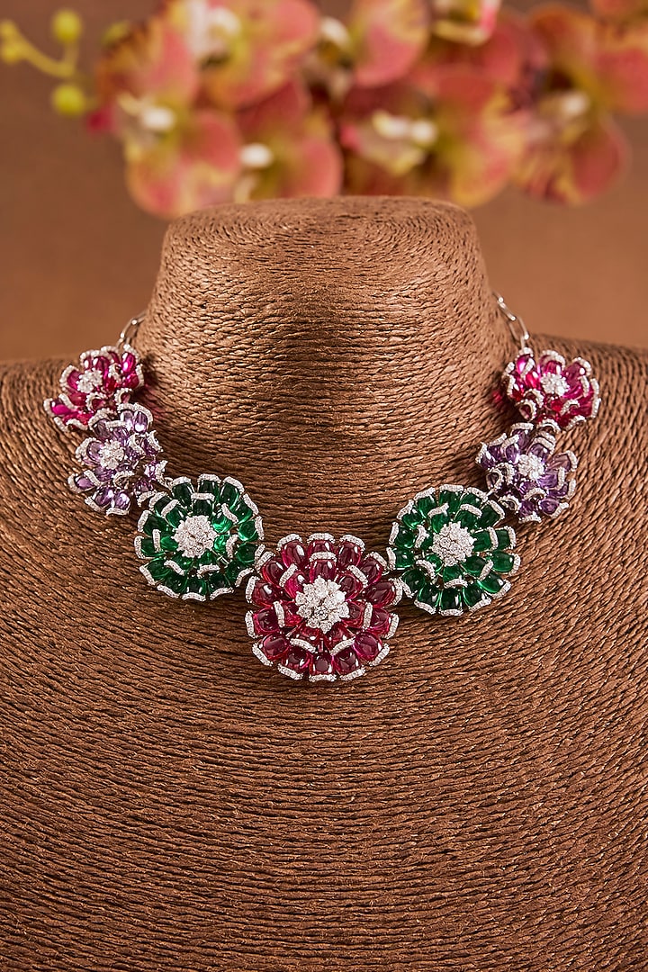 Yellow Gold Finish Emerald & Ruby Necklace Set In Sterling Silver by STELLA CREATIONS at Pernia's Pop Up Shop
