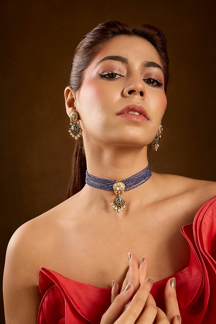 Yellow Gold Finish Moissanite Polki & Sapphire Choker Necklace Set In Sterling Silver by STELLA CREATIONS at Pernia's Pop Up Shop