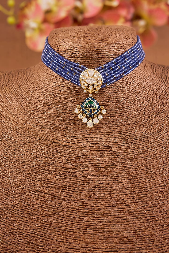 Yellow Gold Finish Moissanite Polki & Sapphire Choker Necklace Set In Sterling Silver by STELLA CREATIONS at Pernia's Pop Up Shop
