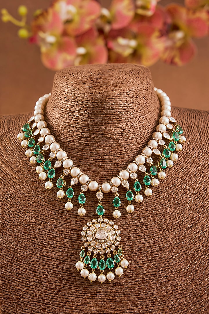 Yellow Gold Finish Emerald & Ruby Necklace Set In Sterling Silver by STELLA CREATIONS at Pernia's Pop Up Shop